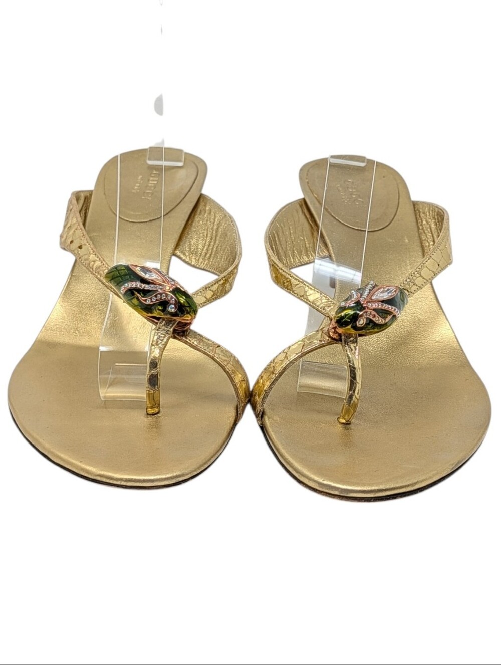 Gucci Tom Ford S/S 2004 Gold Metallic Green Python Bamboo Heel Sandals Size 8 - Picture 3 of 16